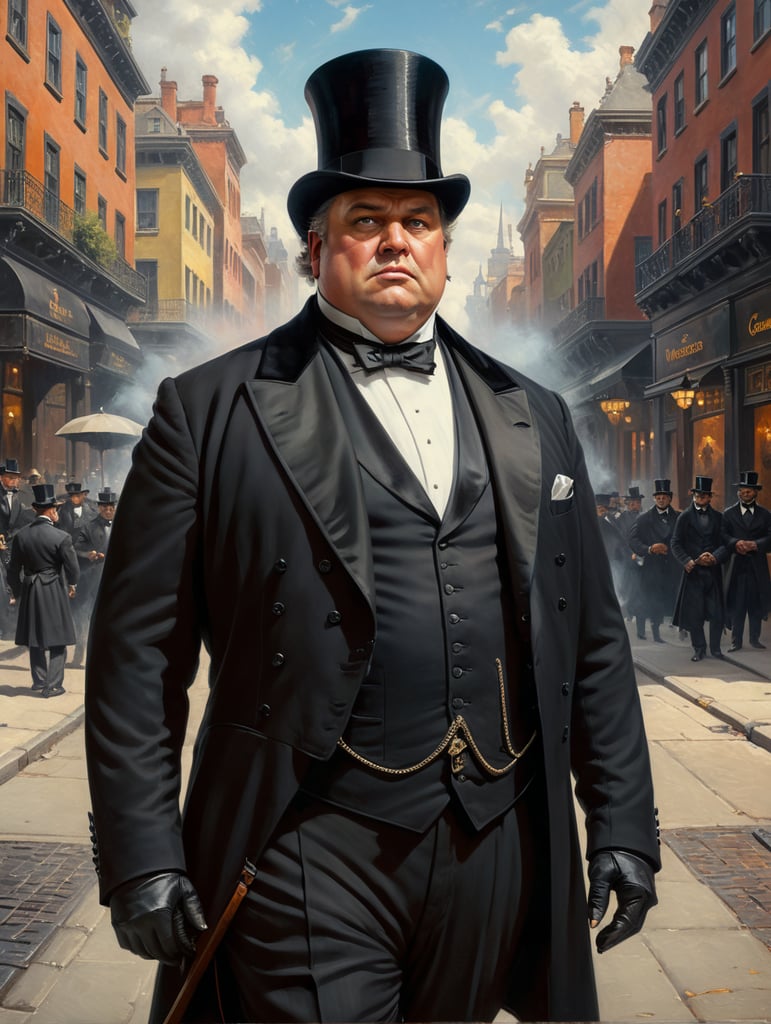 Portrait of a very rich obnoxious and polished fat businessman, wearing a black tailcoat and a black top hat, looking up with an arrogant look, standing in the middle of the street, early 19th century, style by Gil Elvgren