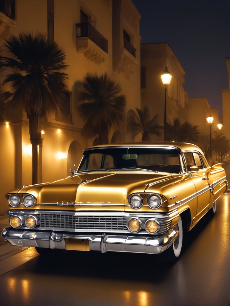 Lowrider car , golden color on by night