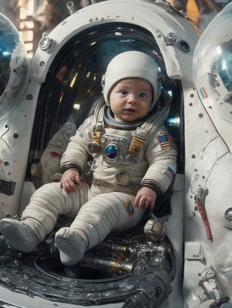 baby astronaut, 4k, lightfilm, sunlight in glass, realistic, realism