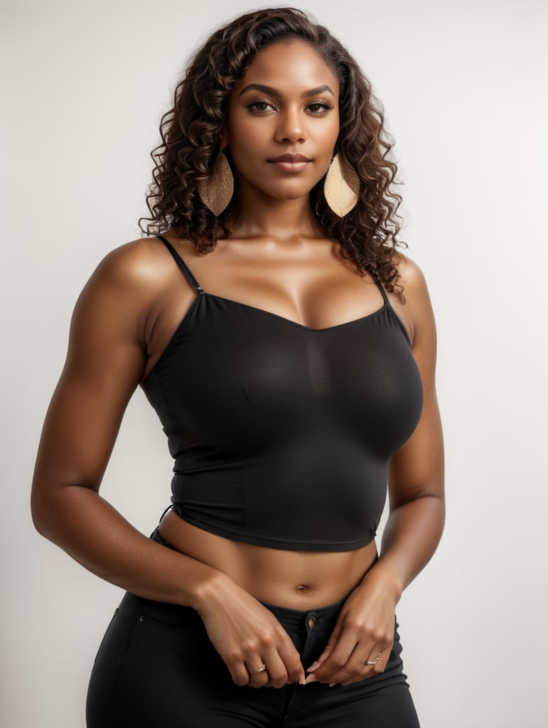 mulher negra, olhar fixo na camera, cabelo cacheado.