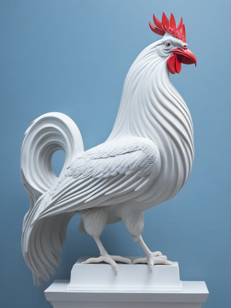 Create an all white statue depicting a majestic rooster. The lighting should highlight the artwork and create a dramatic atmosphere. The background should be a light blue sky.
