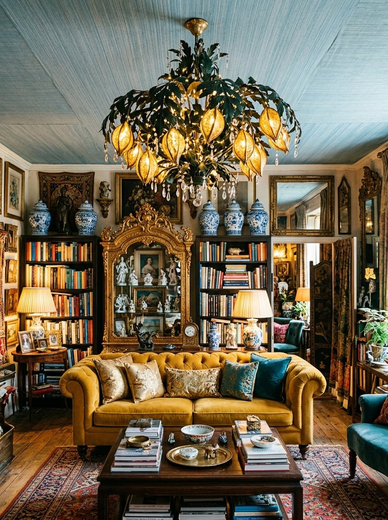 An opulent maximalist living room centered beneath an intricate chandelier of glowing golden seed pods and dark green metal foliage. The organic fixture hangs from a striated light-blue fabric ceiling. A tufted mustard-yellow sofa with metallic and textured pillows anchors the space behind a low coffee table. Dark bookshelves brimming with vibrant volumes and large blue-and-white porcelain ginger jars flank an elaborately carved golden mirrored cabinet. Background mirrors reflect the dense decor, multiplying the warm ambient light throughout the richly textured interior.