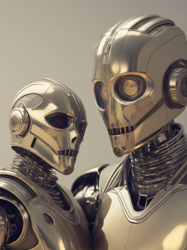 Robot illustration with two faces in the same face, bipolar face, cinematic lightning, like c3po star wars