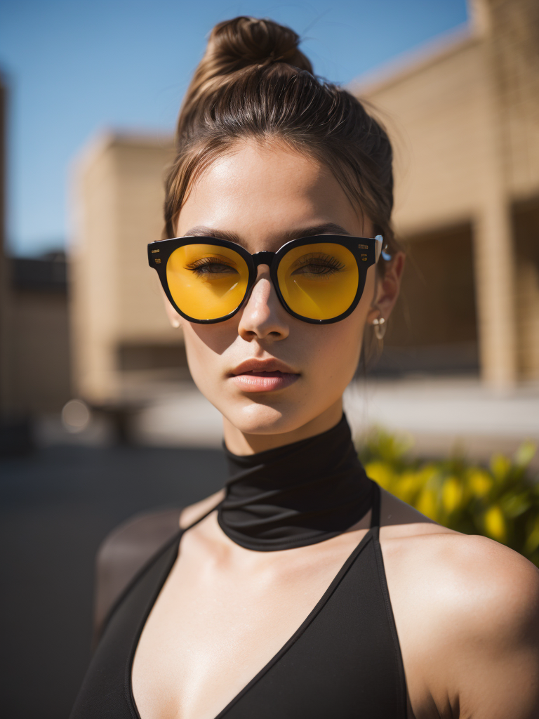 Portrait of a fashion model dressed in a black swimsuit and a yellow transparent sun glasses, Sunny weather, Contrasting light, Hair in a bun