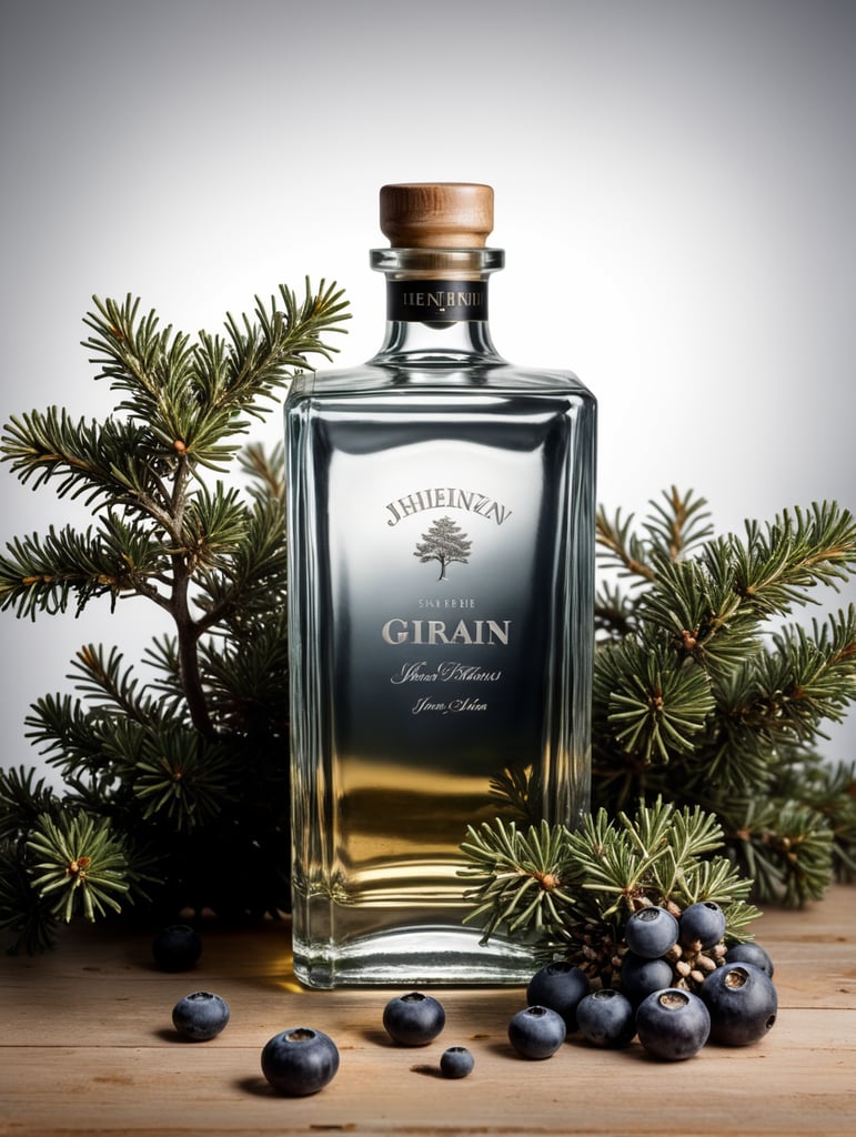 professional photography of a square gin bottle, square bottle, surrounding a juniper and juniper berries, one shot of gin in a front, no label, clear, mockup