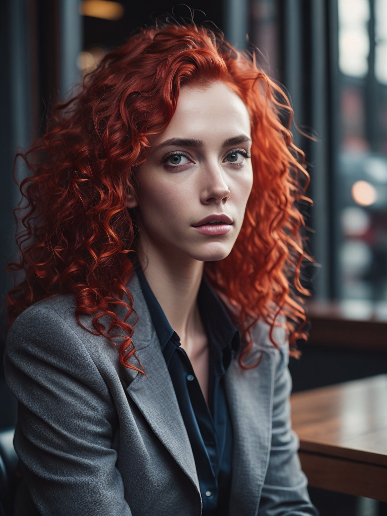 Create a stunning image of a charming young lady with curly red hair, freckles, sitting in a café. The portrait should capture her beauty with exquisite detail and elevated colors.