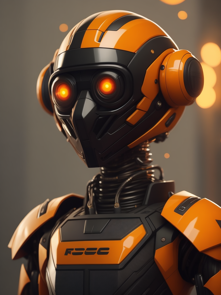 Robot AI màu cam và đen, lùn và dễ thương, mô hình 3d đơn giản, mang áo khoác và mắt kính