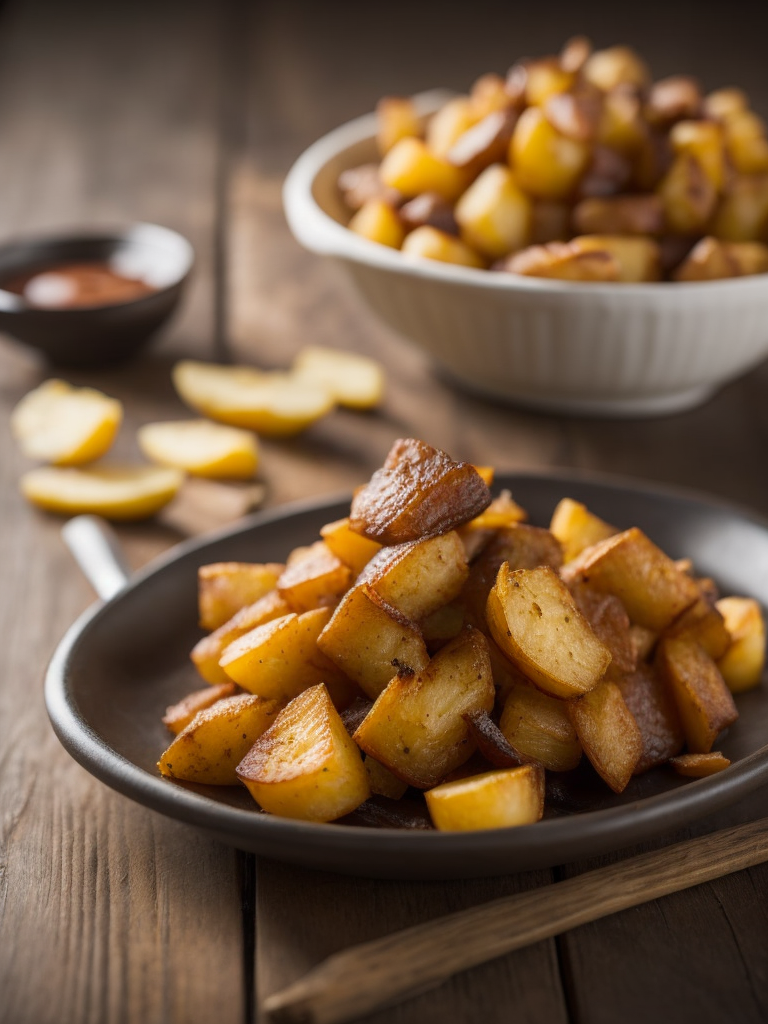 cepti kartupeļi ar sulīgu ceptu gaļu uz koka fona
