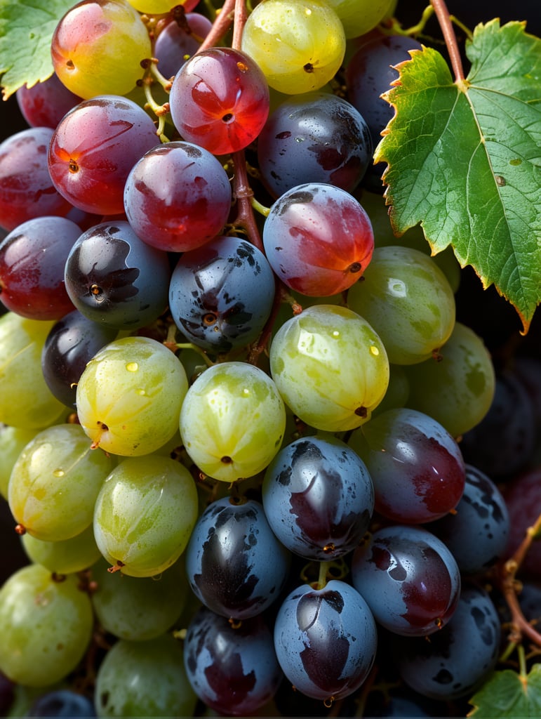 Hyper realistic multi colored juicy grape, extreme close up, juicy pulp, light illuminated through the pulp, glistening in the light, leaves at sides, bokeh, chromatic aberration, shallow depth of field