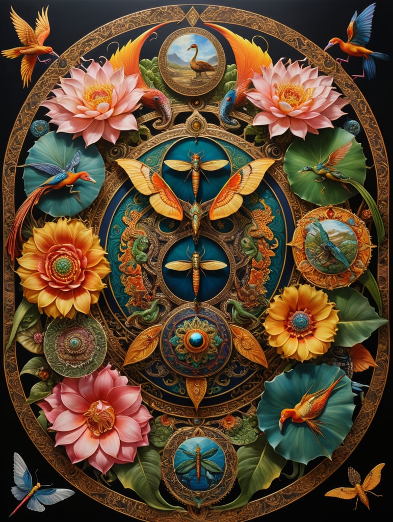 mandala painting with 8 divisions, horse, bull, stork, flamingo, ciccada, dragon fly, frog, turtle, in the style of Chronophotography, vibrant colors, gold
