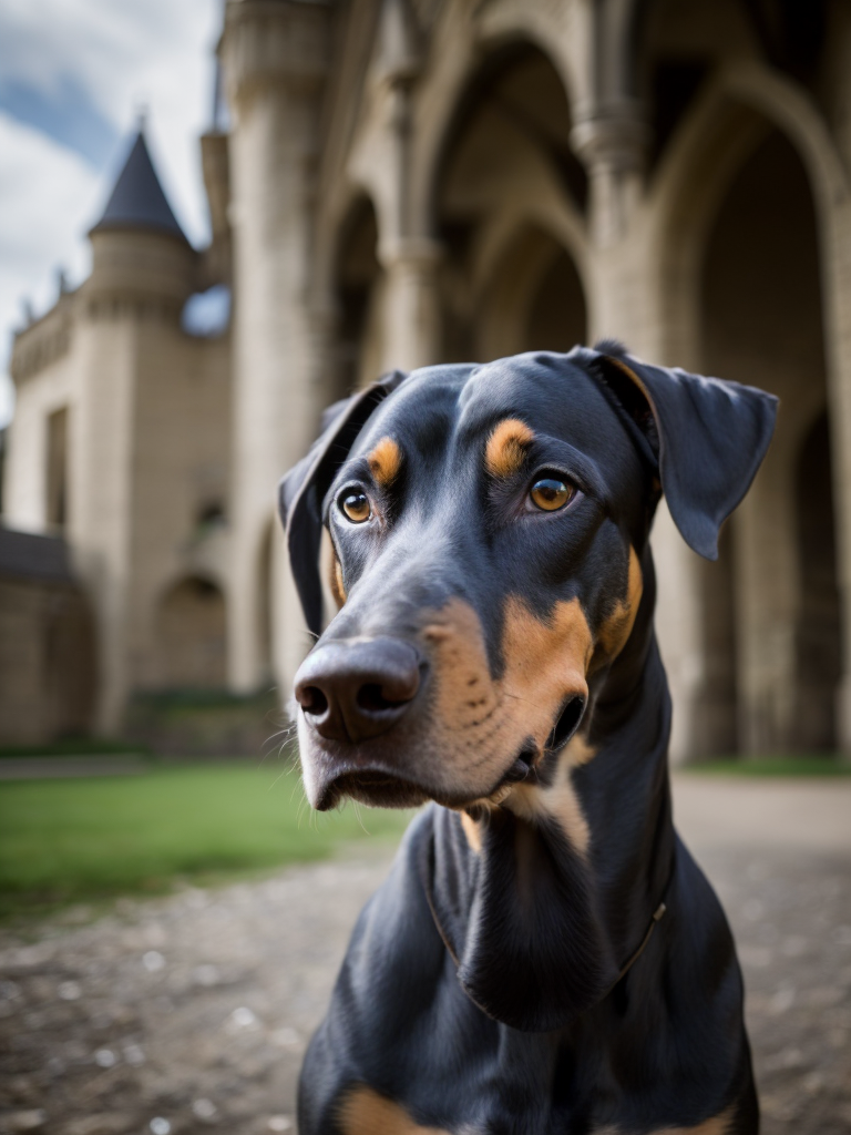 Doberman dog, golden chain, aggresive look, in front of a castle, dramatic Lighting, Depth of field, Incredibly high detailed, deep colors