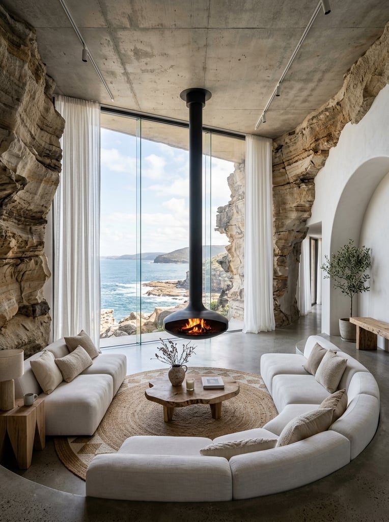 modern living room integrated into a natural sedimentary rock cave, suspended black metal teardrop fireplace with a glowing fire, plush curved white modular sofas, raw wood organic coffee table, circular woven rug with geometric patterns, rough stone walls merging into a smooth white plaster archway, raw concrete ceiling, large floor-to-ceiling window framing a blue ocean and rocky coastline, sheer white curtains, bright natural daylight, earthy neutral color palette, architectural interior photography