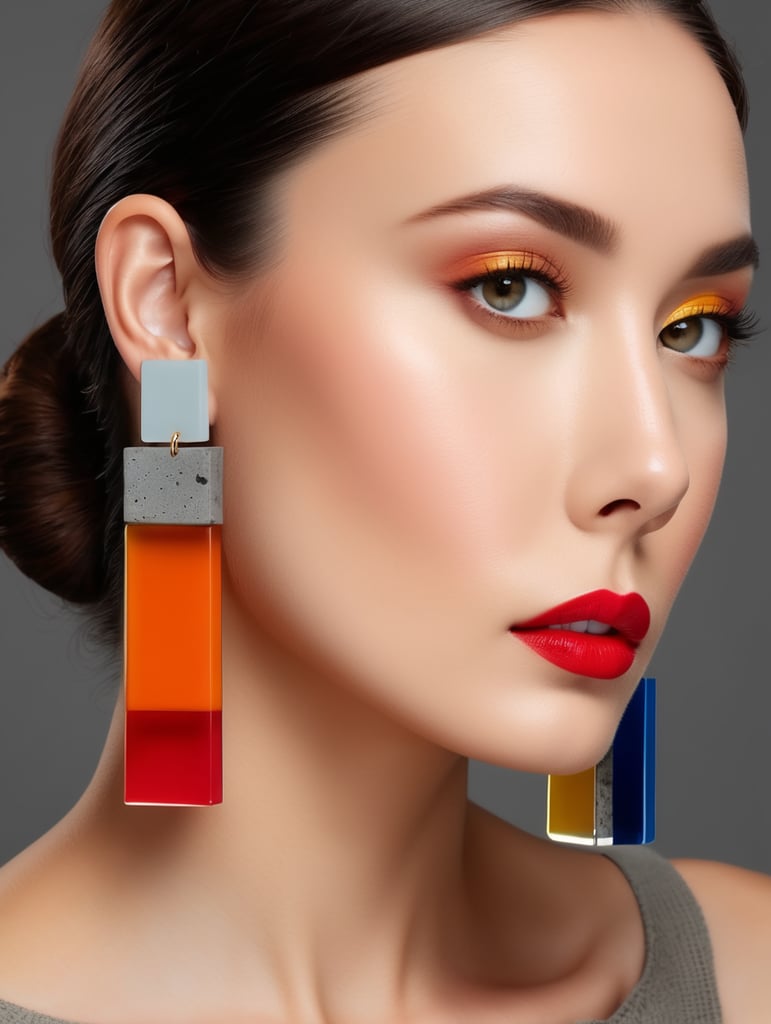 Aretes minimalistas de colores vibrantes con materiales ACRÍLICOS y concreto inspirados en la arquitectura de Luis Barragán colocados sobre una mujer de bello rostro y un fondo color gris obscuro.