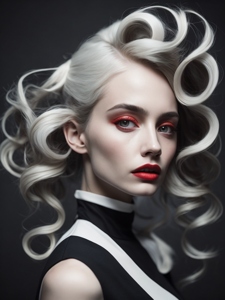 Pale-skinned girl model, wearing a black and white striped dress with a high collar, contrast lighting, Bright red make-up, Black and white curly long hair, dark background, fashion model, magazine cover, professional shot,