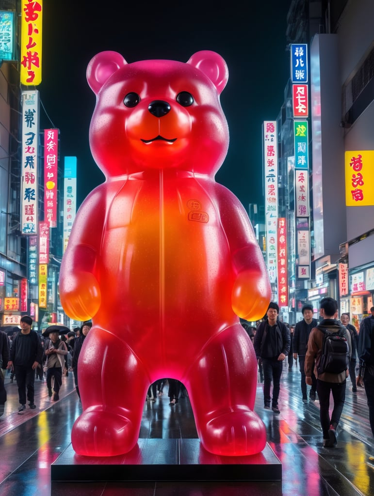 A giant Japanese gummy bear, translucent, 4 stories tall, walking through Tokyo at night, neon rainy city, cyberpunk, techno city