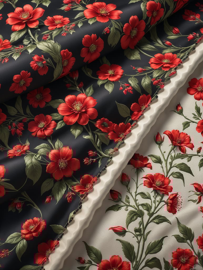 Fabric with printed graphics of red flowers