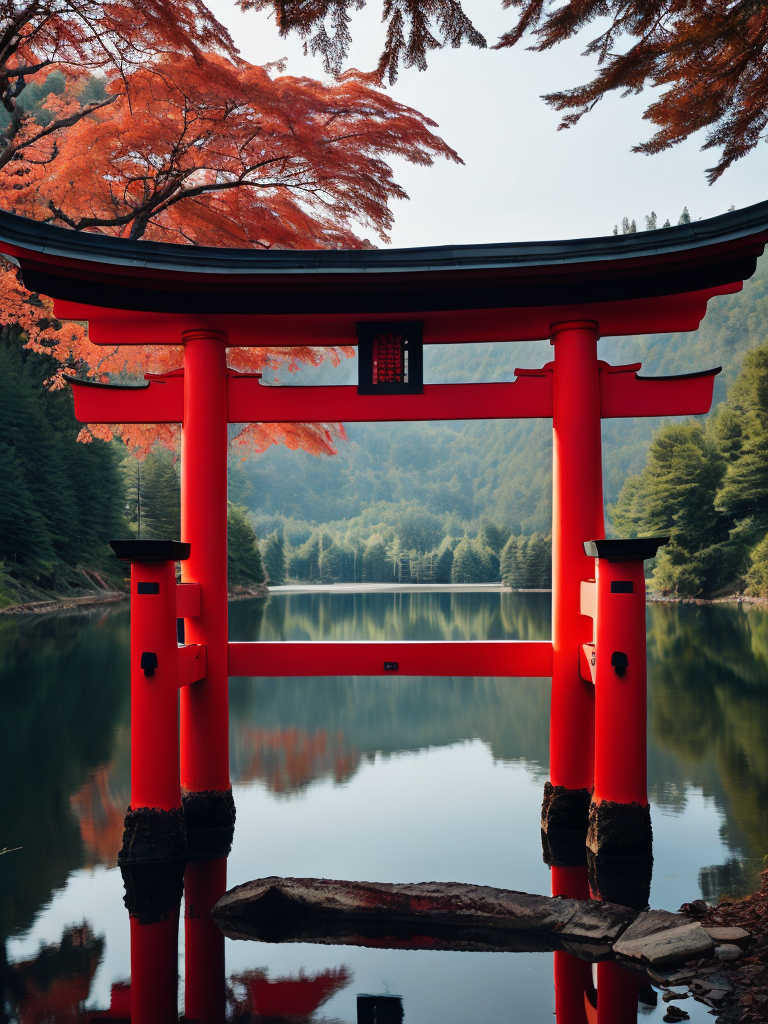 Red torii gate in middle of a lake, Dense forest on the edge of the lake, Bright and saturated colors, Japanese culture, photorealistic, contrast light