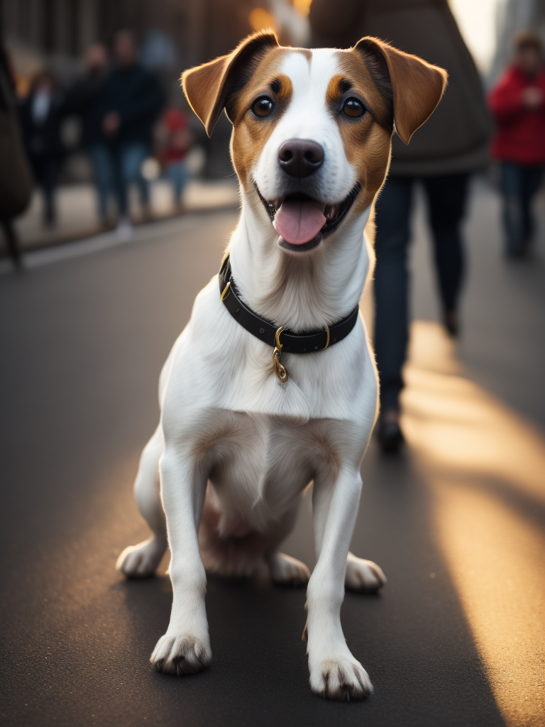 jack russell on a crowded sidewalk