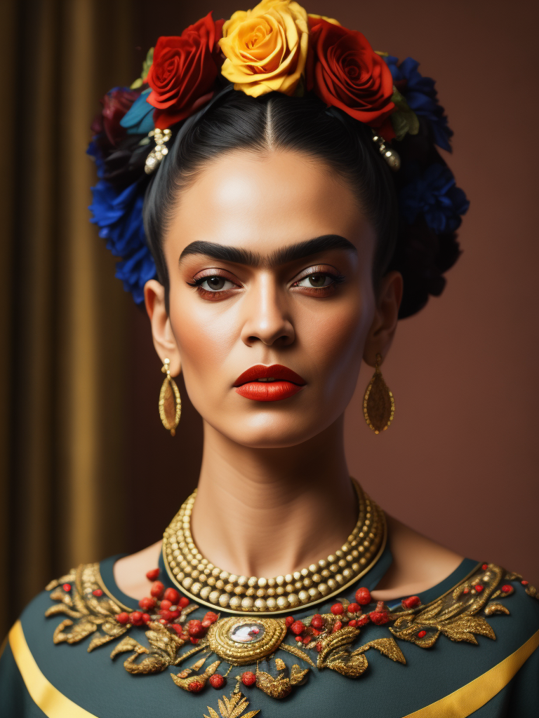 Portrait of Frida Kahlo, bright and saturated colors, elegant, highly detailed, vogue, fashion magazine, sharp focus, bright expressive makeup, dramatic lighting, depth of field, incredibly high detailed, blurred background'