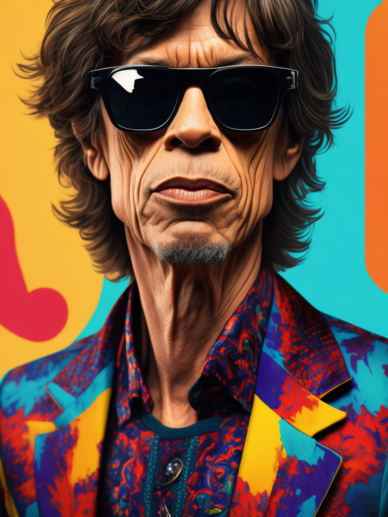 Mick Jagger wearing a brightly patterned jacket and wayfarer glasses, Vivid saturated colors, Contrast color