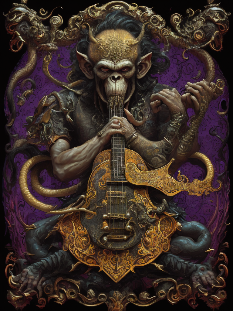 monkey octopus demon playing a heavy metal guitar, made of fractal LSD and rococo DMT, in the style of iconic album covers, style of Robert Williams, Nychos, artofsickness666, extremely detailed, insanely detailed and intricate, hypermaximalist, high detail, concept art