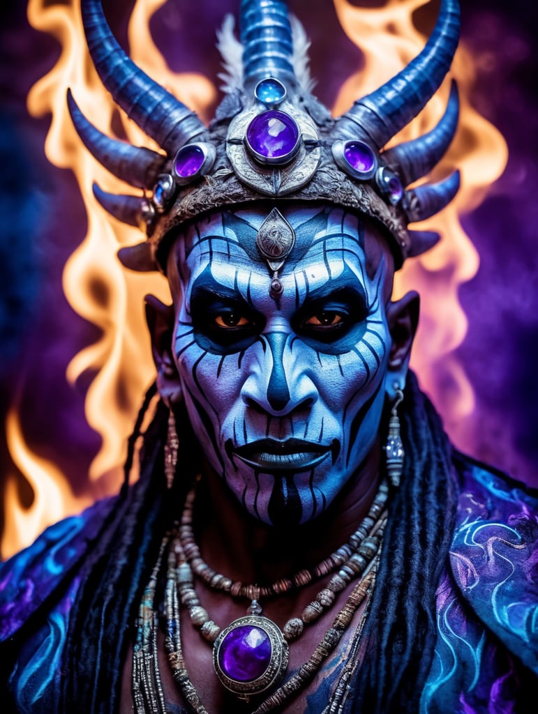 a witch doctor wearing a voodoo mask, surrounded by blue and purple flames, high quality cinematic lighting, fantasy, magical, dreamy, unique