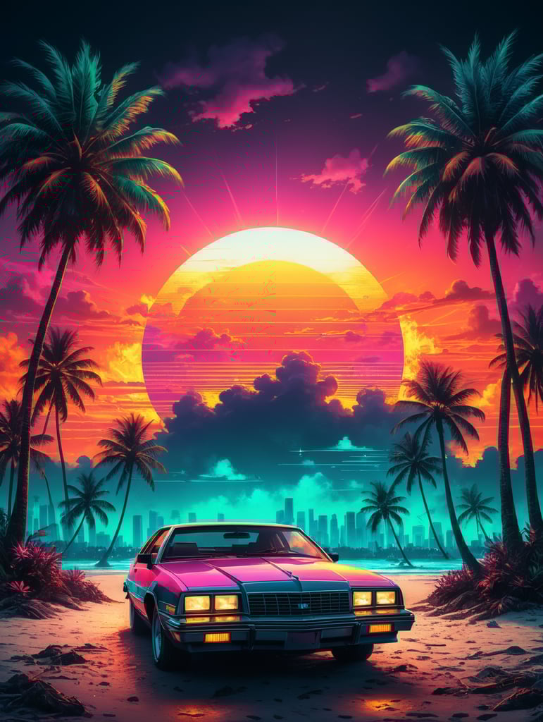 sunsets and palm trees miami vice version, 80's, palm trees on fire, retro party poster, neon vibrant colors,