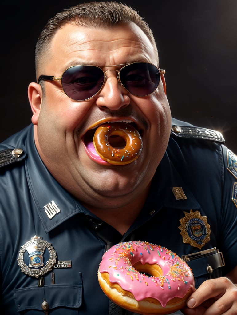 very fat cop eating a donut, happy, sunglasses, image, portrait