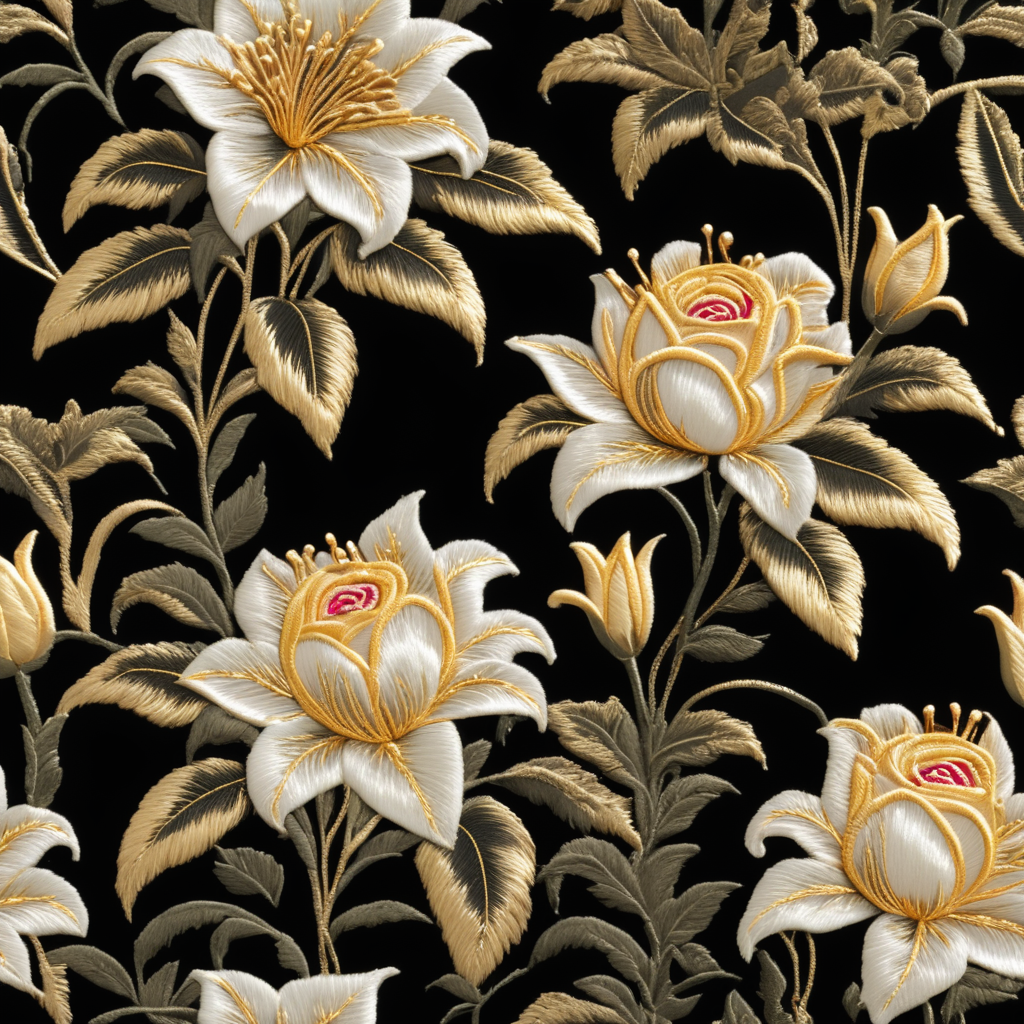 image of an embroidery in metallic gold thread, representing roses and lilies, Sevillian Baroque style, typical of Holy Week in Seville, on a luxurious black cloth, with discreet shadows and volumes, surrounded by a frame of natural wild flowers, embroidered in silk thread, bright and cheerful colours, very detailed, sharp focus, spectacular lighting, depth of field, photographic quality, high resolution, graphic design style, cultured, elegant, fashionable,