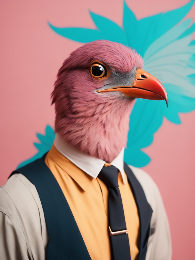 photo portrait, a bird with a colorful head and a tie on a pink background with a pink background and a pink background with a pink wall and blue background , Annabel Kidston, professional photo, a character portrait, kitsch movement, pastel colors