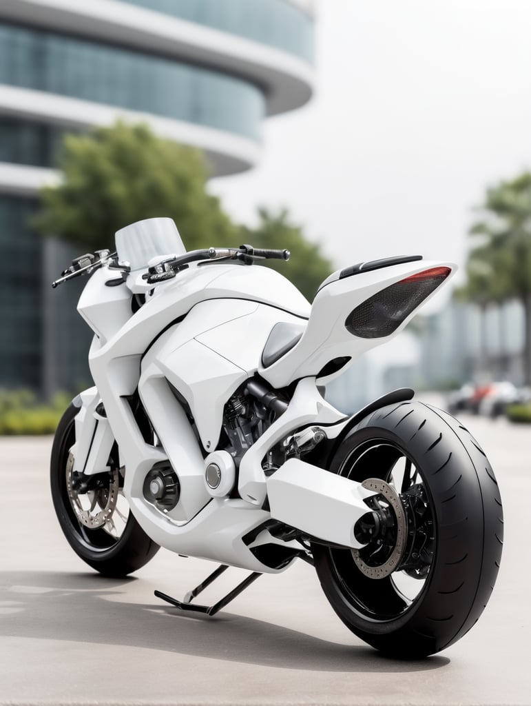 Futuristic white motorbike, low angle view, isolated, white background, mockup