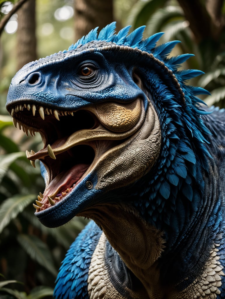 Blue feathered Tyrannosaurus rex, Vibrant colors, Depth of field, Incredibly high detail, Blurred background