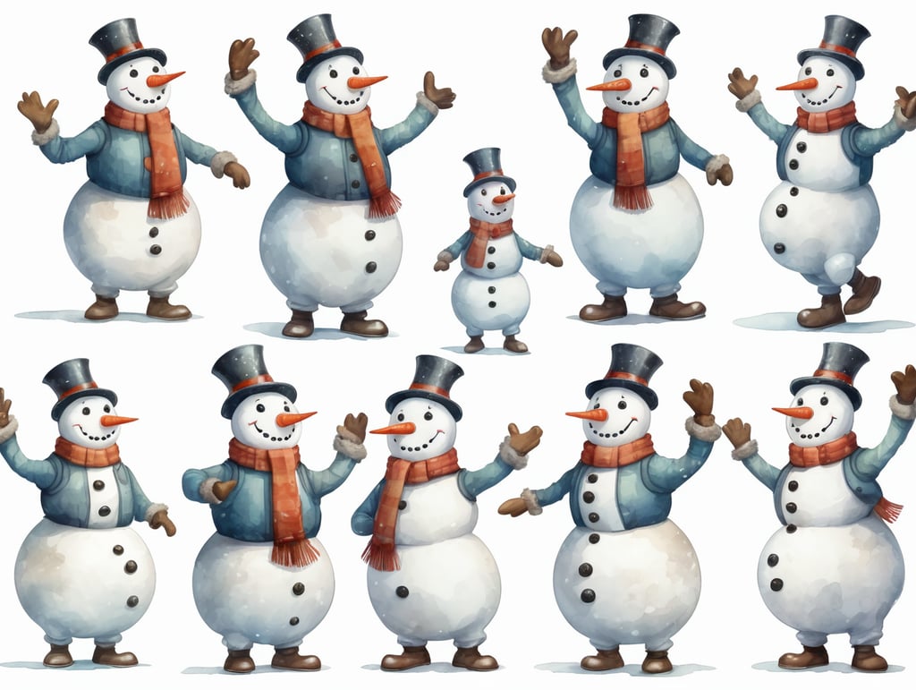 Snowman, different angles and expressions, full body only character sheets, multiple poses, white background, whimsical watercolor