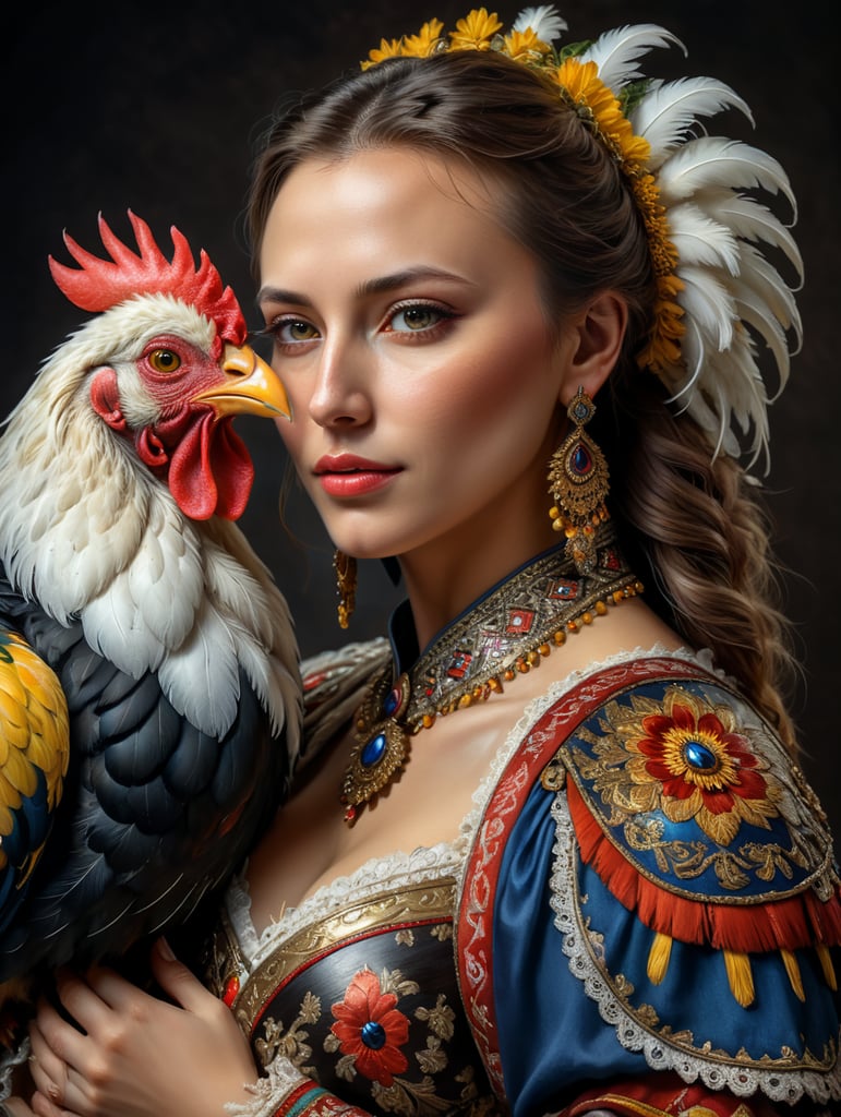 Portrait of a Beautiful women from Romanian fairytale wearing traditional costume hugging a Rooster