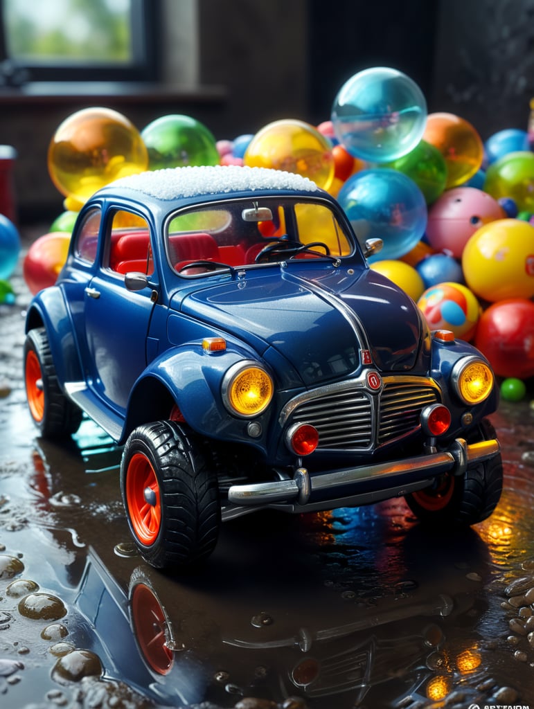bubble bath to a small cute toy car. Toy car size take up 20 of the image.