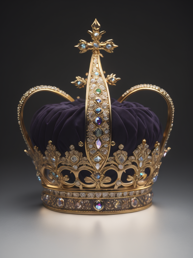 St. Edward’s Gold Crown adorned with gems, Black gradient background, Incredibly high detail, deep & bright colors, contrast light