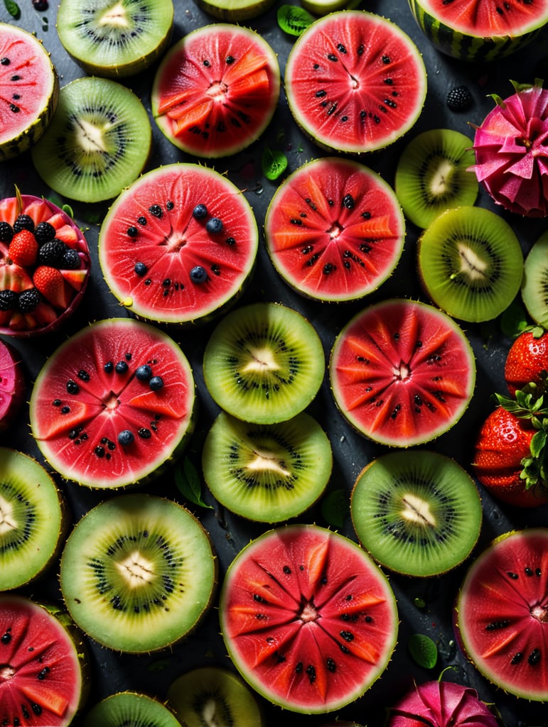 Colorful sliced fruit pieces, top view, watermelon, dragon fruit, kiwi, strawberry, texture