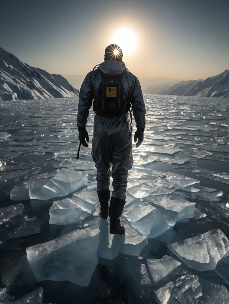 Translucent man made from the ice, walking on the surface of the sun