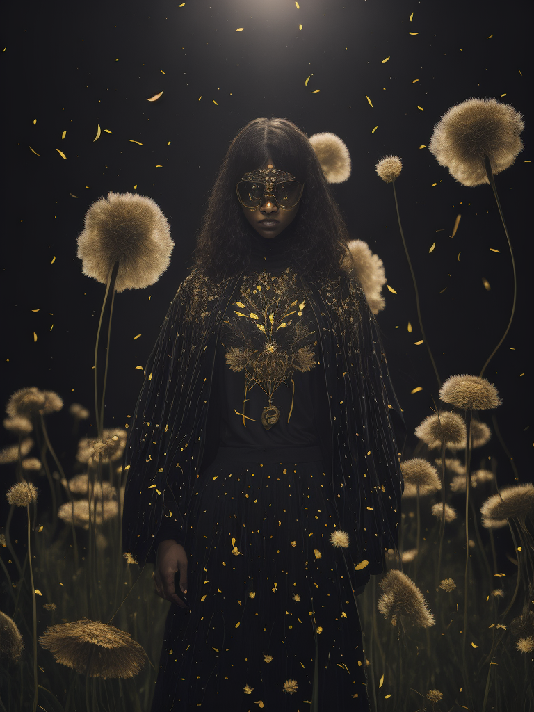 full body view of vantablack portrait in dandelions a with shine gold endings, eternal space, planets, saturn , captured with a Hasselblad camera