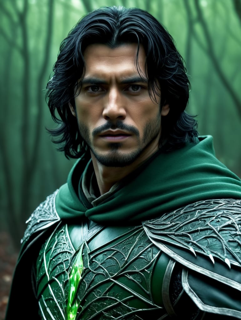Young Sorcerer with medium length black hair in white and green leather armor and cloak summoning thorns from the ground