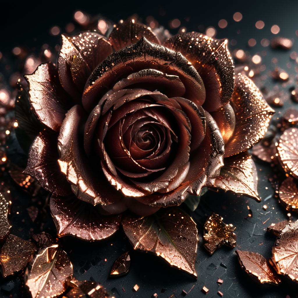 Rose gold glitter scattered on white background