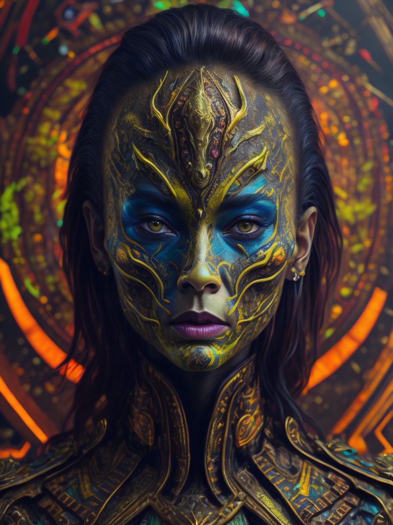Portrait of an alien, batik, intricate details, surreal, Alien, Cyberpunk Trashcore Style, s 1000, Bright, saturated colors, elegant, highly detailed, fashion, fashion magazine, sharp focus, bright expressive makeup, dramatic lighting, shallow depth of field, incredibly high detailed blurred background, professional digital painting, concept art. s 1000