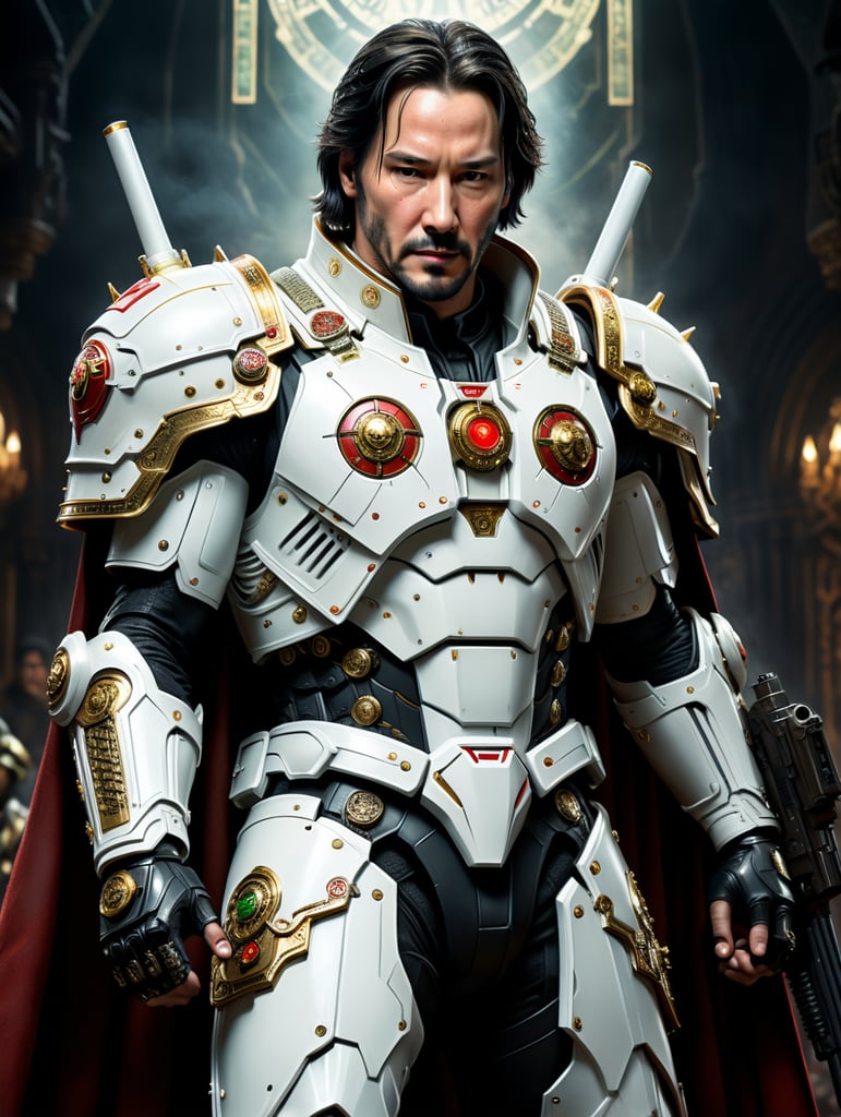 Young Keanu reeves from the 2005 Constantine Movie, but embedded in the Warhammer 40K universe, In a cool calm pose, Smoking a cigarette in his mouth, bolter gun strapped to his left leg. He is wearing Imperial white prist robes, and armor beneath them.