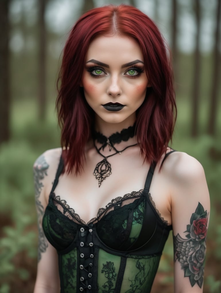 dark goth skinny petite chick in lingerie with blood red hair and green eyes
