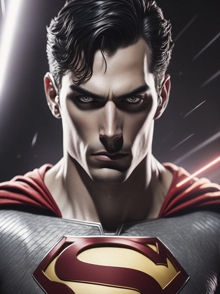 silver superman with laser from eyes shooting, precision in details, cinematic, bold, cartoonish lithographs, chrome reflections, energetic