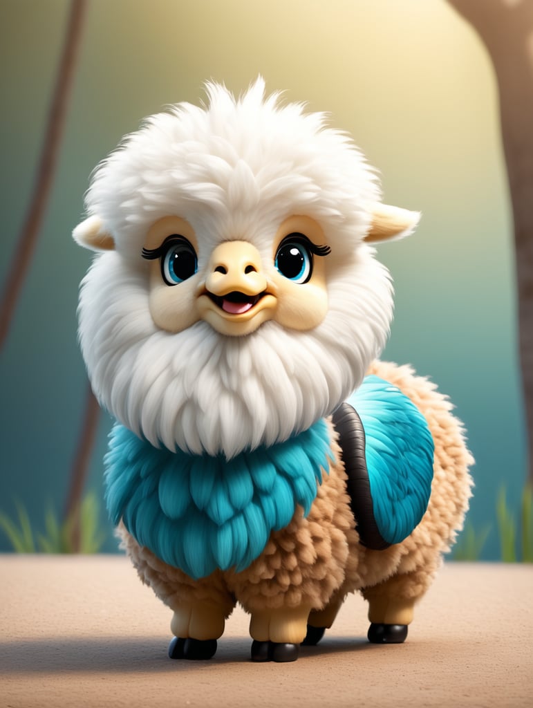 cute, fluffy, hybrid alpaca and kingfisher, beak, full view, chibi style, disney style, cartoon style, pixar style, with background