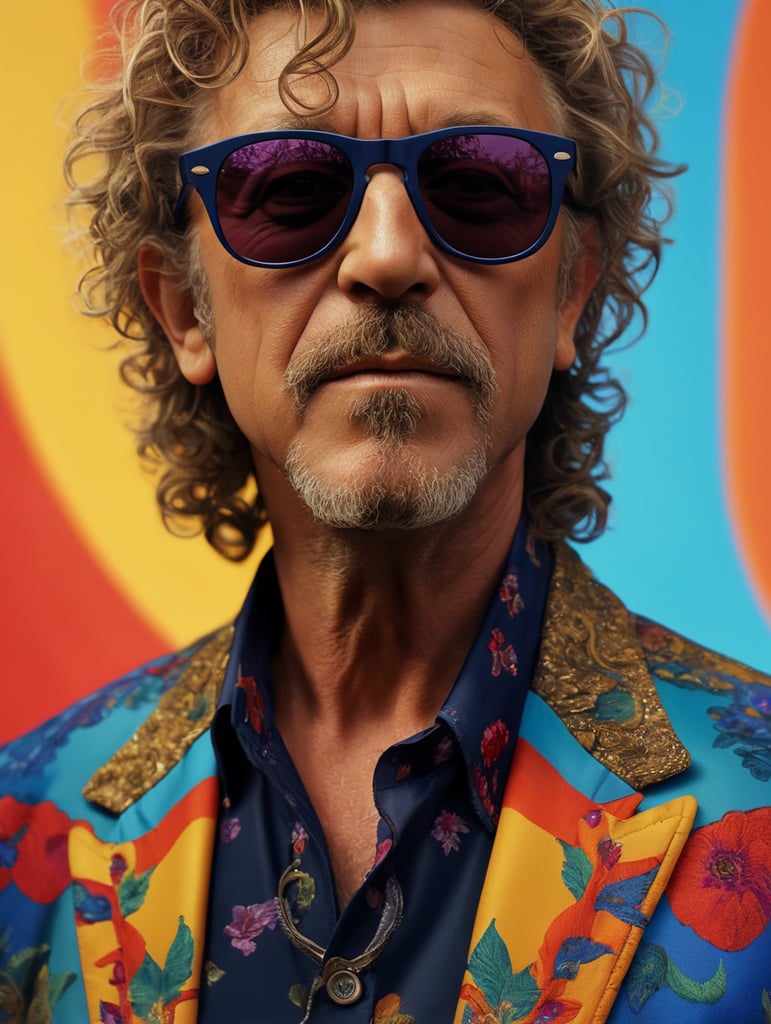 robert plant wearing a brightly patterned jacket and wayfarer glasses, Vivid saturated colors, Contrast color