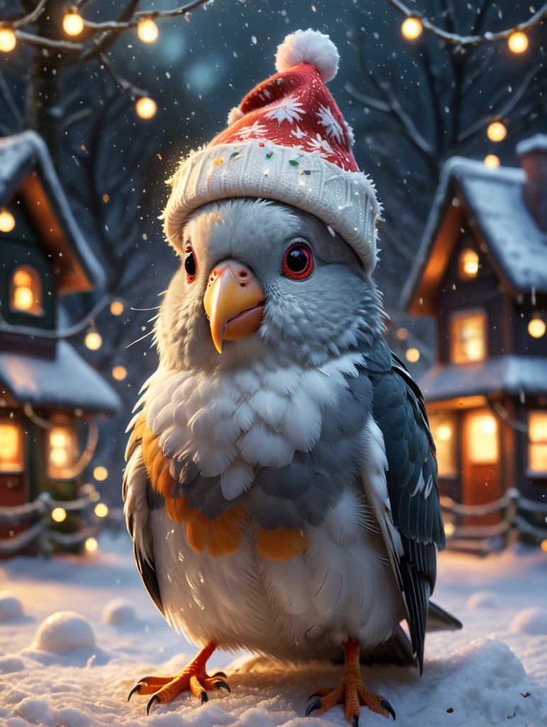 Cockatiel with a cute Christmas hat with snow falling down and Christmas style lighting