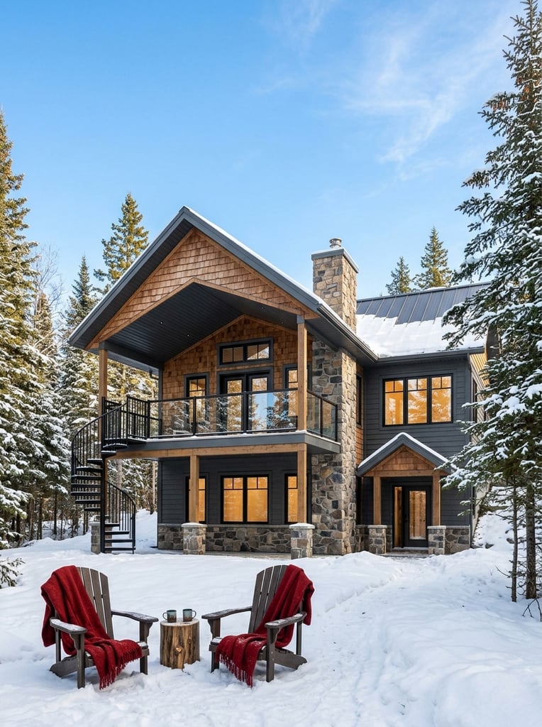 A modern two-story winter cabin mixing dark grey siding, cedar shakes, and stone under a bright blue sky. It features a covered upper deck with glass railings and a black spiral staircase. Two dark Adirondack chairs rest in the snowy foreground against a backdrop of snow-dusted pine trees.