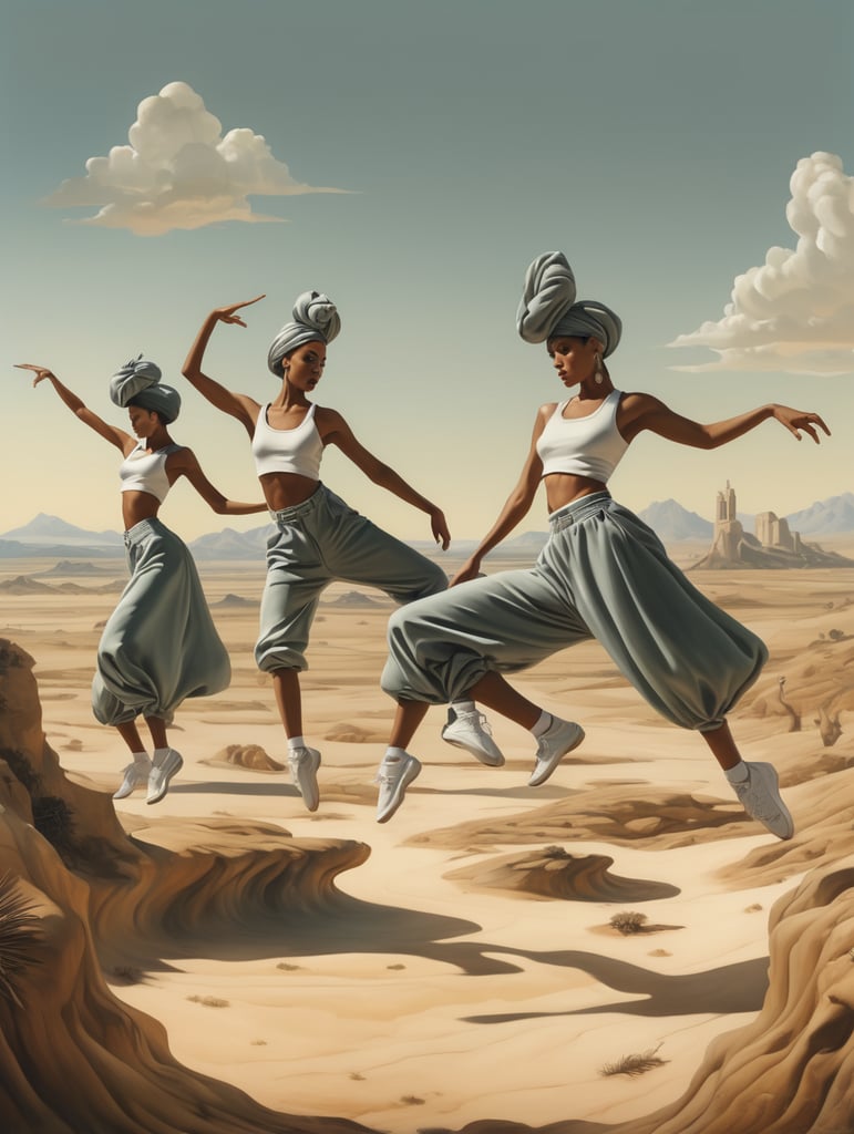 hip hop dancers in salvador dali style landscape